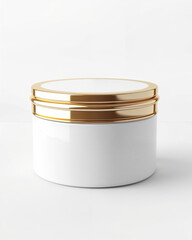 White jar with gold lid ideal for storage or packaging various products in a minimalist setting
