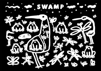 Swamp Doodle Vector Isolated Set in Dark Background