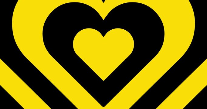 Moving hypnotic Heart in fast motion. Seamless Psychedelic hearts for Valentines day concept or festive day. Black and yellow color