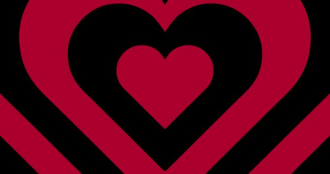 Moving hypnotic Heart in fast motion. Seamless Psychedelic hearts for Valentines day concept or festive day. Black and red color