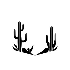 Desert Scene: Minimalist Black Cactus Silhouettes in Minimalist Style on White Backdrop.