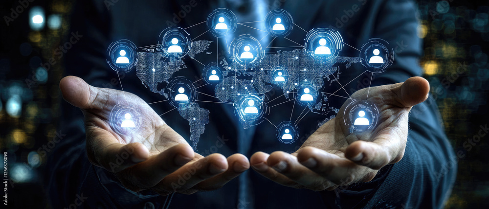 Poster businessman holding a digital world map with connected user icons, symbolizing global networking