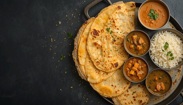 Parotta and curries on a plate top view 