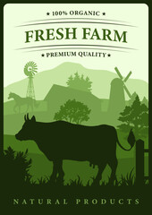 Fresh farm with silhouettes of cows and windmills