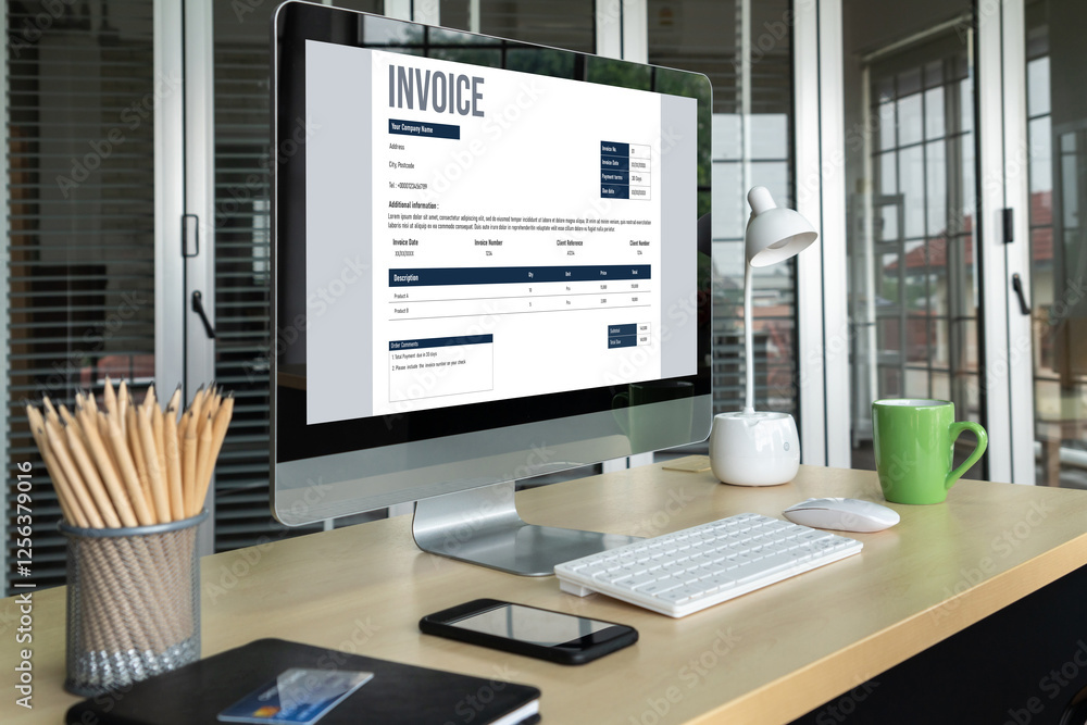Poster invoice on computer screen from accounting application. computer program for financial and budget of