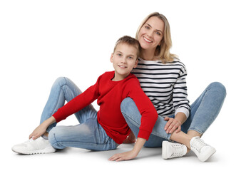 Happy mother and son on white background