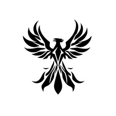 Obraz premium Silhouette of a Phoenix with Wings Spread, Simple Design, White Background, Black Ink, Powerful and Ethereal