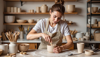 Woman crafting pottery in warm workshop, creativity and inspiration