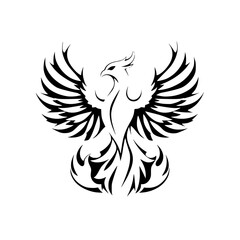 Obraz premium Black and White Phoenix: Illustration of a bird's silhouette with spread wings and fiery tail.
