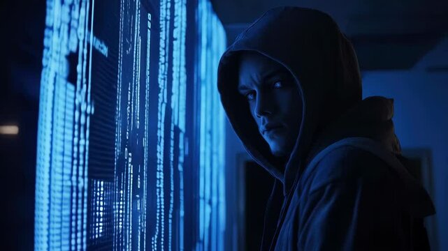 Male hacker in hoodie stands in front glowing blue digital code. His serious expression and cyberpunk atmosphere create a high-tech, hacker-themed concept cybersecurity, technology, anonymity.