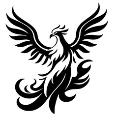 Black and White Phoenix Illustration: A stylized, abstract representation of a phoenix with open wings. This image embodies strength and rebirth.