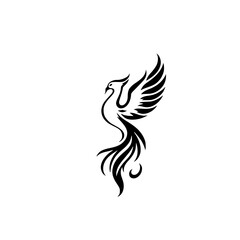 Silhouette-style design of a Phoenix rising, black ink on white background.