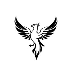 Elegant Phoenix Silhouette: A Black and White Emblem of Rebirth and Ascent. A stylized phoenix in flight, centered against a stark white background.