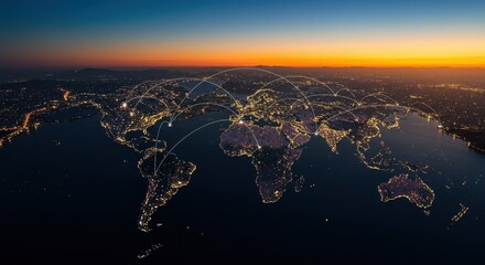 A world map at night with a network of light lines connecting the continents from a high angle view giving a clear view of the intricate details of the network and the landscape night view from space