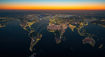 A world map at night with a network of light lines connecting the continents from a high angle view 