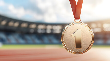 First Place Medal: A symbol of athletic success. Hanging in front of stadium seating, gold medal denotes a victory. Recognition for determination.