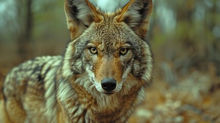 Fototapeta premium Coyote in the wild with sharp eyes and alert ears surrounded by nature and trees