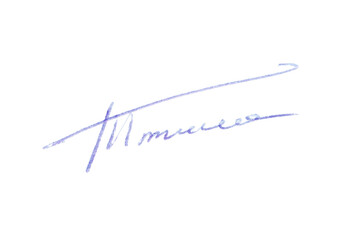 Beautiful signature made with pen isolated on white, top view
