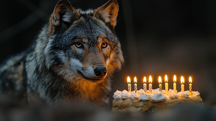 Wolf Celebrating Birthday with Lit Candles on Cake in Dark Forest