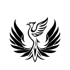 Majestic Phoenix Silhouette in Flight, Black and White Illustration, Symbolic of Rebirth and Transformation.
