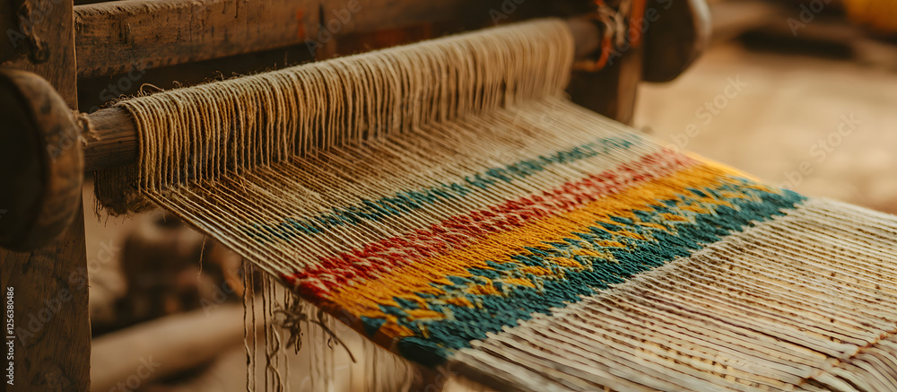 Poster close-up of a wooden loom with colorful threads forming a textile pattern. a textured display of art