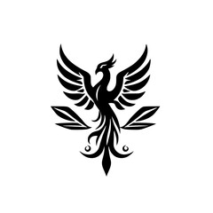 Obraz premium Phoenix rising, emblem, striking elegant black and white illustration of a phoenix.