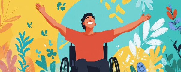 Young hispanic male celebrating life in wheelchair with joyful expression and colorful background