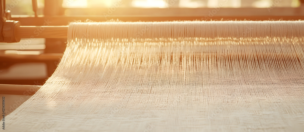 Poster loom close-up with taut threads catching the light, creating a warm, textured background with a vint
