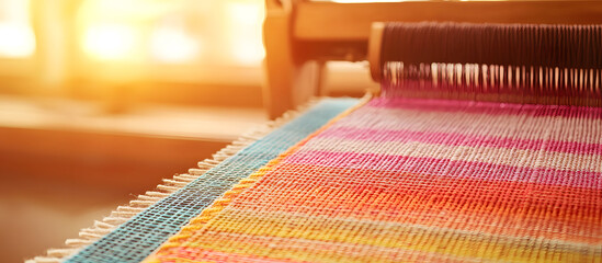 Handcrafted woven textile art in vibrant colors. Loom creates textures with blue, orange, yellow, pink and purple hues for unique decor or fashion.