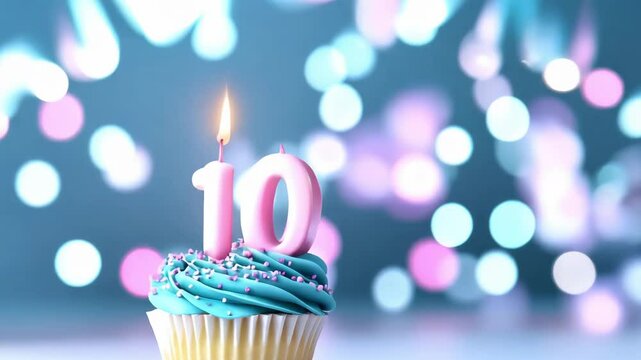 Birthday cupcake with burning candle number 10 ten on creative pastel background with bokeh. Ten years, ten month milestone celebration card