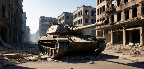 A tank stands still in the middle of a deserted street filled with debris and ruins, surrounded by crumbling buildings under a clear sky. The scene reflects the aftermath of conflict