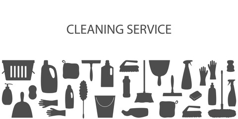 Minimalistic cleaning supplies background in monochrome. Template for professional cleaning company promotion, advertisement, branding, marketing, business card, banner