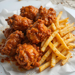 Delicious spicy buffalo chicken wings with crispy french fries hot eat on transparent background