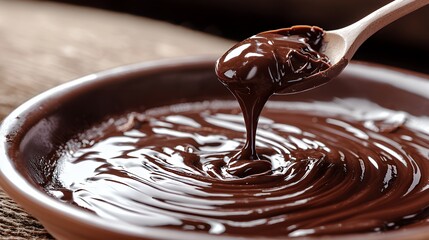Delicious Dripping Chocolate Sauce with Spoon in Bowl Close Up
