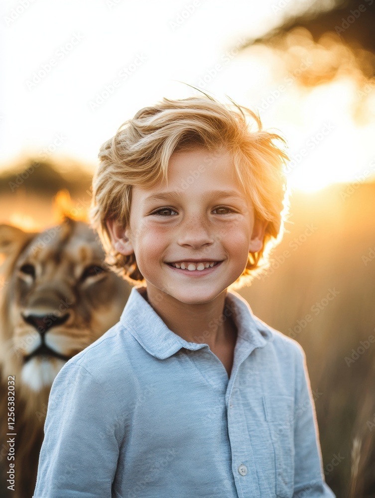 Aufkleber regal lion portrait with glowing mane against a stunning sunset backdrop, perfect for adding text. g