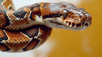 Fototapeta premium Closeup of a snake with intricate patterns and scales on its head and body against a blurred background