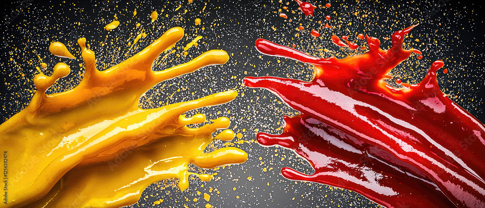 Poster vibrant splashes of yellow and red paint colliding against a dark background, creating dynamic motio