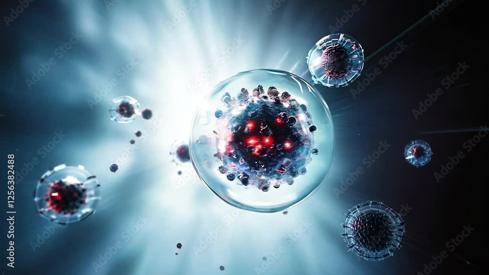 Poster a high-tech visualization of a virus encased in a transparent shell, illuminated by dynamic lighting