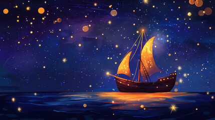 Enchanting night voyage: majestic wooden ship with twinkling fairy lights sailing under a starry sky on a serene ocean. Dreamlike Canals. Illustration