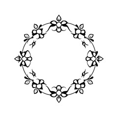 Intricate circular Floral Frame in Black and White: A symmetrical, hand-drawn illustration of a wreath-like design.