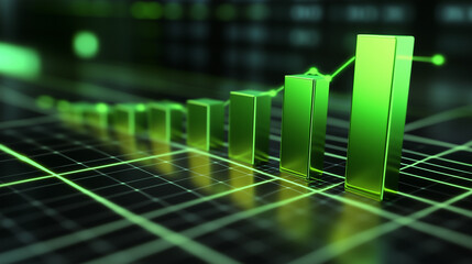 3D stacked bar chart with illuminated green progress indicators over a dark high-tech grid, featuring subtle light flares and transparent overlays, perfect for business reports and presentations.