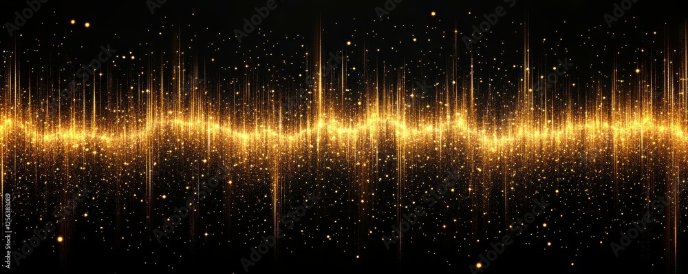 Poster dynamic gold light wave with sparkling particles on black background
