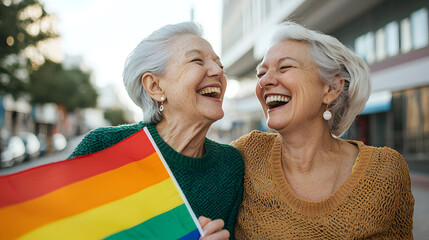 Two elderly women sharing a joyful laugh while holding a vibrant rainbow flag, symbolizing pride and solidarity. They are embracing on a city street.