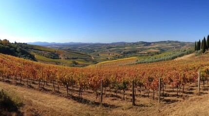 Fototapeta premium Breathtaking Autumn Panorama of Tuscany's Chianti: A Dreamland of Classic Cypress and Countryside Agriculture