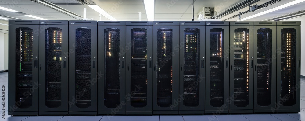 Poster modern data center with powerful server racks and networking equipment