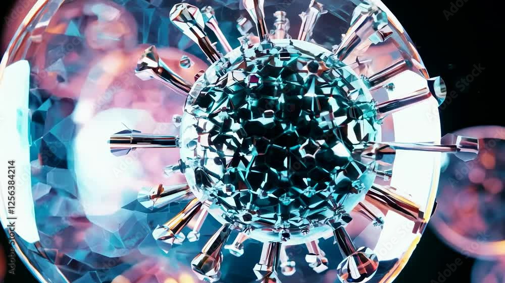 Poster a dynamic animation of a viral particle surrounded by glass-like structures, illustrating scientific