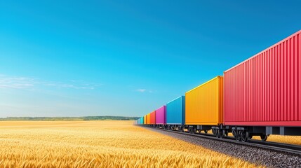Obraz premium Bright Colored Cargo Containers on Railroad Tracks in Golden Field