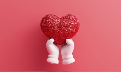 3D illustration of a textured red heart held by two white cartoon-style hands against a monochromatic red background. Symbol of love, care, and kindness