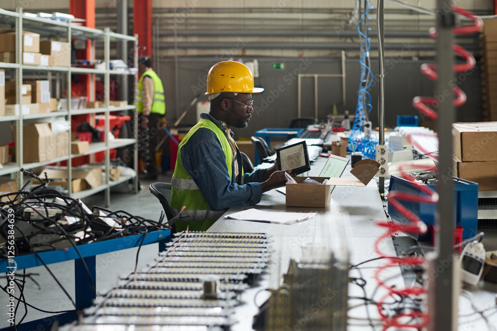 Poster young male worker of factory looking at laptop screen while looking through usage instructions of el