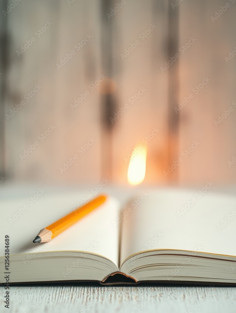 Leinwandbilder open notebook and pencil resting on wooden desk with spacious background ready for notes or creative